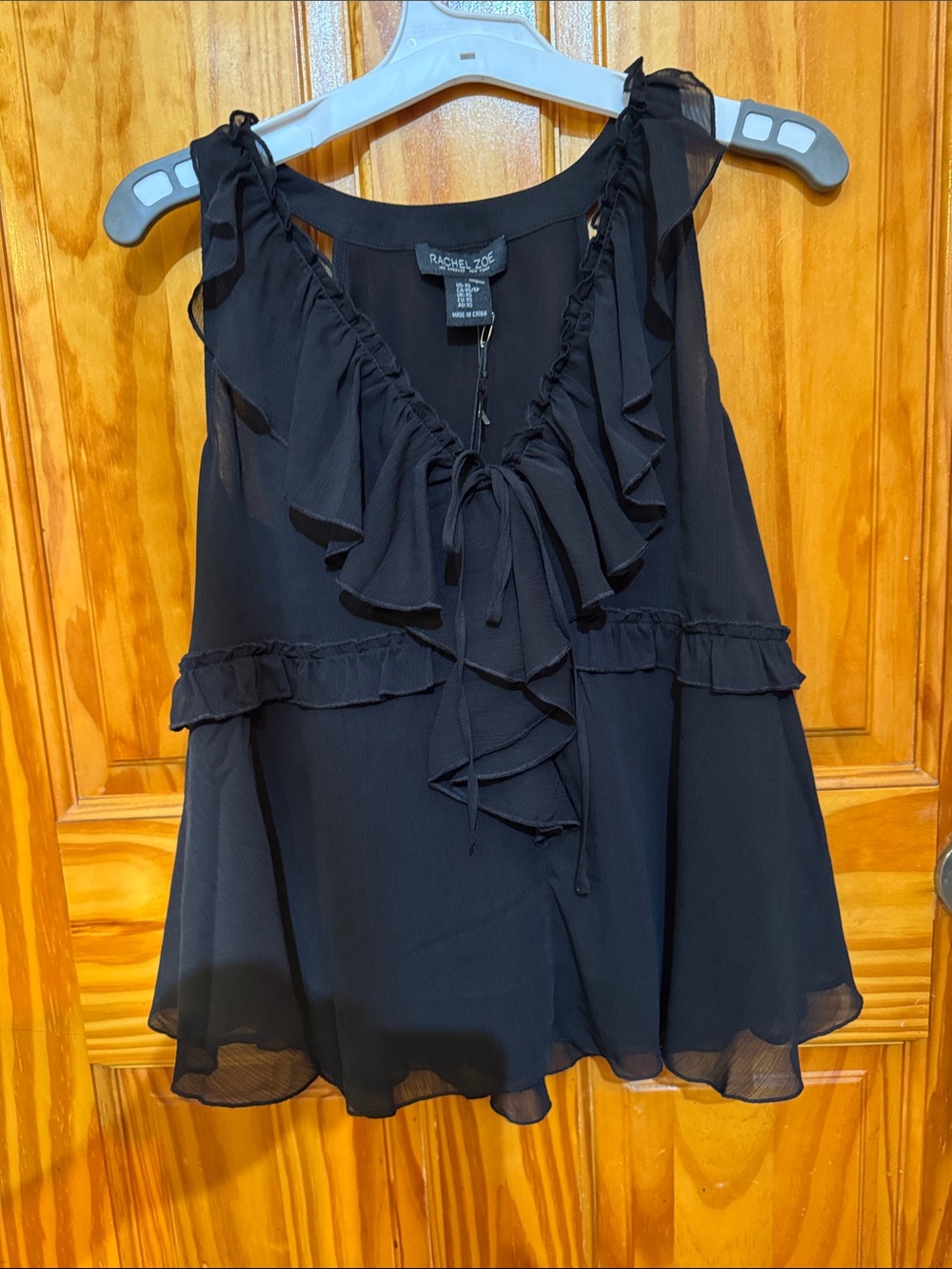 Rachel Zoe Black Ruffle-Front Chiffon Tank